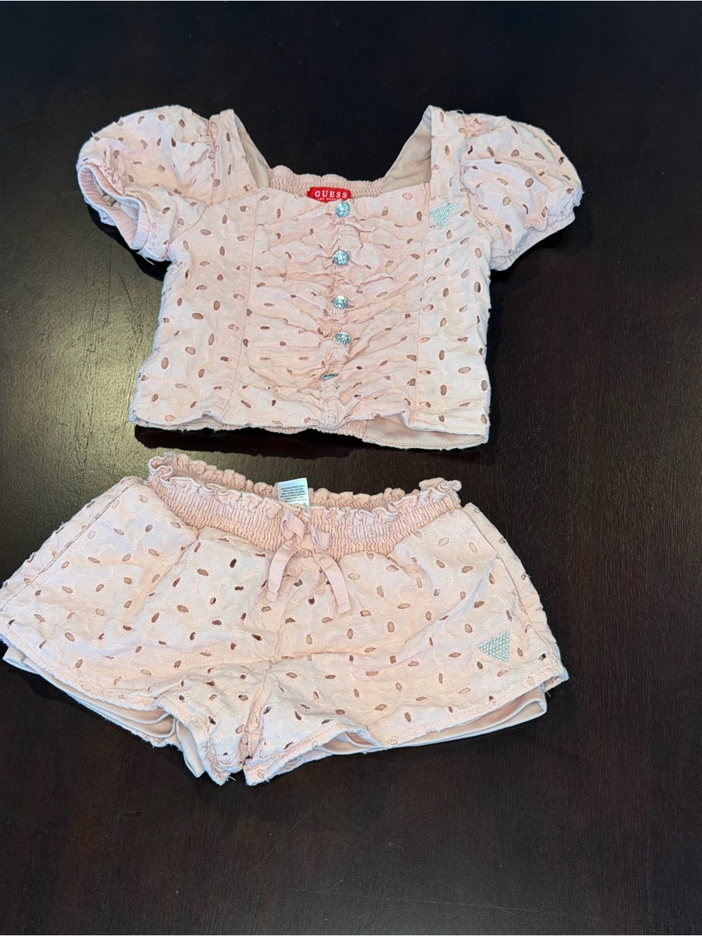 GUESS Light Pink Eyelet Puff-Sleeve Top & Shorts Set
